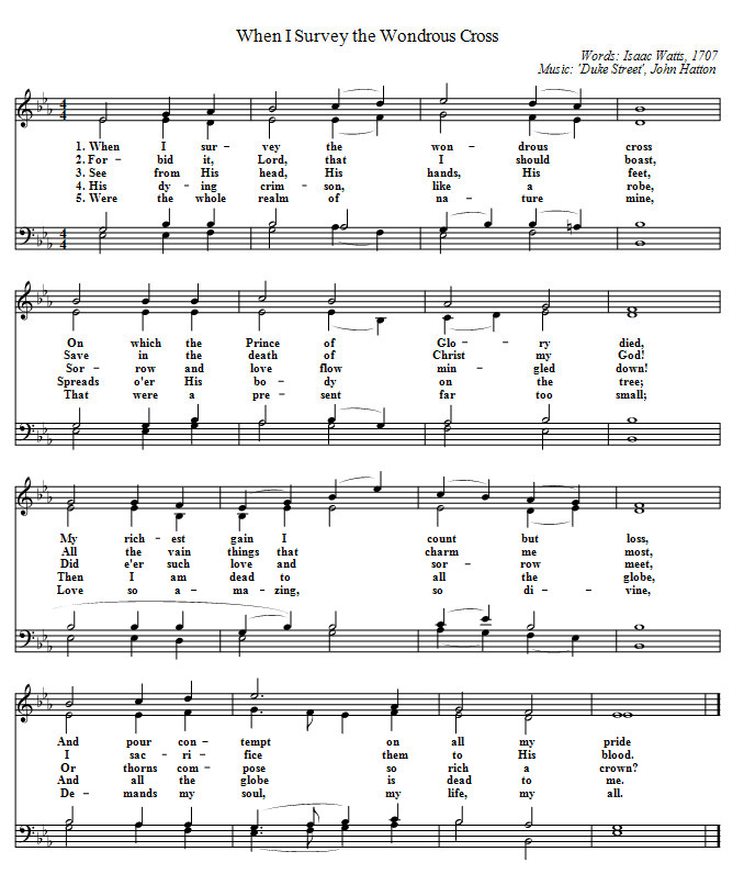 sheet music of the hymn When I Survey the Wondrous Cross to the tune Duke Street